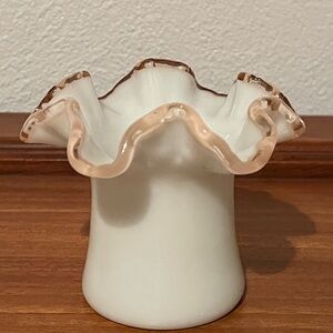 White Ruffled Edge Vase, Fenton rose crest milk glass